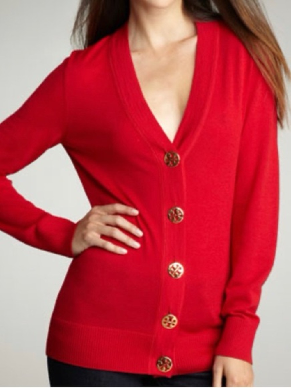 Tori Burch Red Button-Front V-Neck Women's Sweater - Classic Style Size L